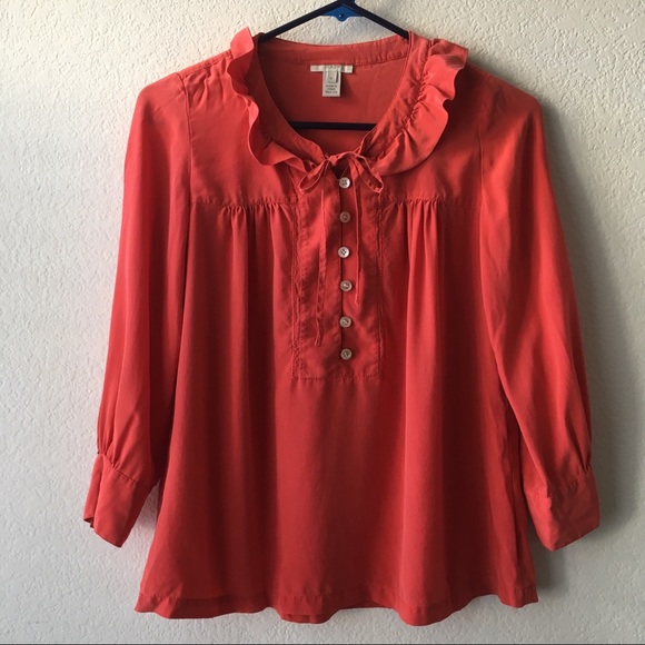 J. Crew Tops - Red J.Crew 100% Silk Ruffle Buttoned Blouse